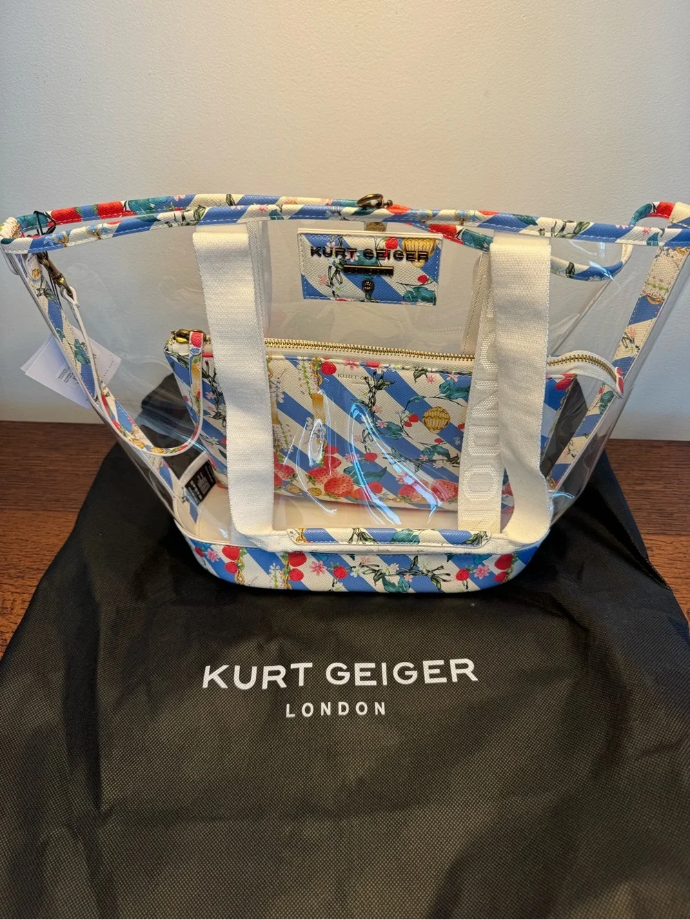 NWT Kurt Geiger Hampstead Clear Vinyl Strawberry Tote w/Pouch and Dustbag